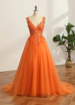 Constance | Ball - Gown/Princess Orange Light Pink A Line Backless V Neck Formal Dress - Orange - PromDressClub