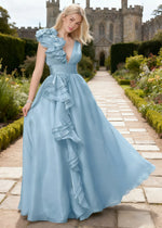 Coral Sky Blue Chiffon Prom Dress Ruffles | A-Line V-Neck Floor Length Backless Formal Dress