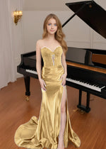 Crystal | Mermaid Navy Blue and Black Lace Strapless Corset Prom Dress with Slit - Gold - PromDressClub