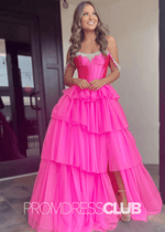 Daisy |Hot Pink Prom Dress Long A Line Tulle Tiered Corset Beaded with Slit - Hot Pink - PromDressClub
