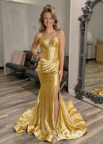 Daphne |Long Gold Prom Dress Satin With Mermaid Sweetheart Pleated Slit - Gold - PromDressClub