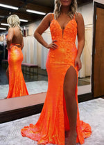 Daphne | Long Orange Prom Dress Sequins With Mermaid V Neck 3D Flower Slit - Orange - PromDressClub