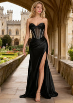 Dawn Black Rhinestone Strapless Prom Dress | Sheath Sweetheart Neckline Corset Pleated Cocktail Dress with Slit - Black - PromDressClub