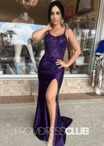 Dolores |Dark Green Prom Dress Long Mermaid Pleated Corset Spaghetti Straps with Slit - Dark Purple - PromDressClub