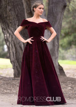 Dolores |Floor Length Burgundy Prom Dress Velvet With A - line Off The Shoulder - Burgundy - PromDressClub