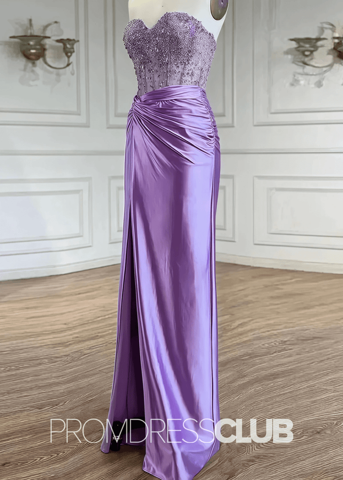 Dominic |Light Purple Prom Dresses Long Mermaid Beaded Corset Strapless with Split - Light Purple - PromDressClub