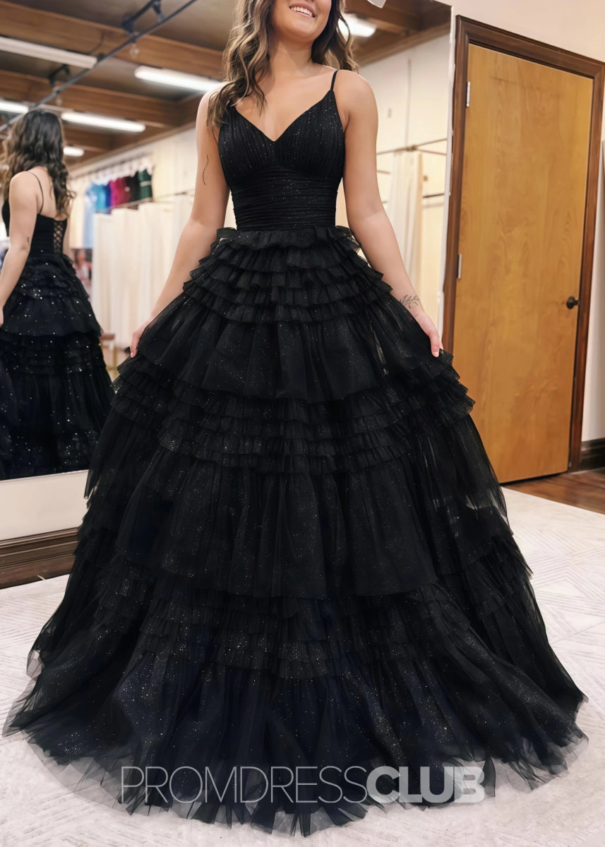 Donna |Long Black Prom Dress Glitter Tulle With A Line Deep V Neck Tiered - Black - PromDressClub
