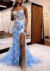 Dora | Light Blue Mermaid Corset Floral Formal Long Dress with Slit - Sky Blue - PromDressClub
