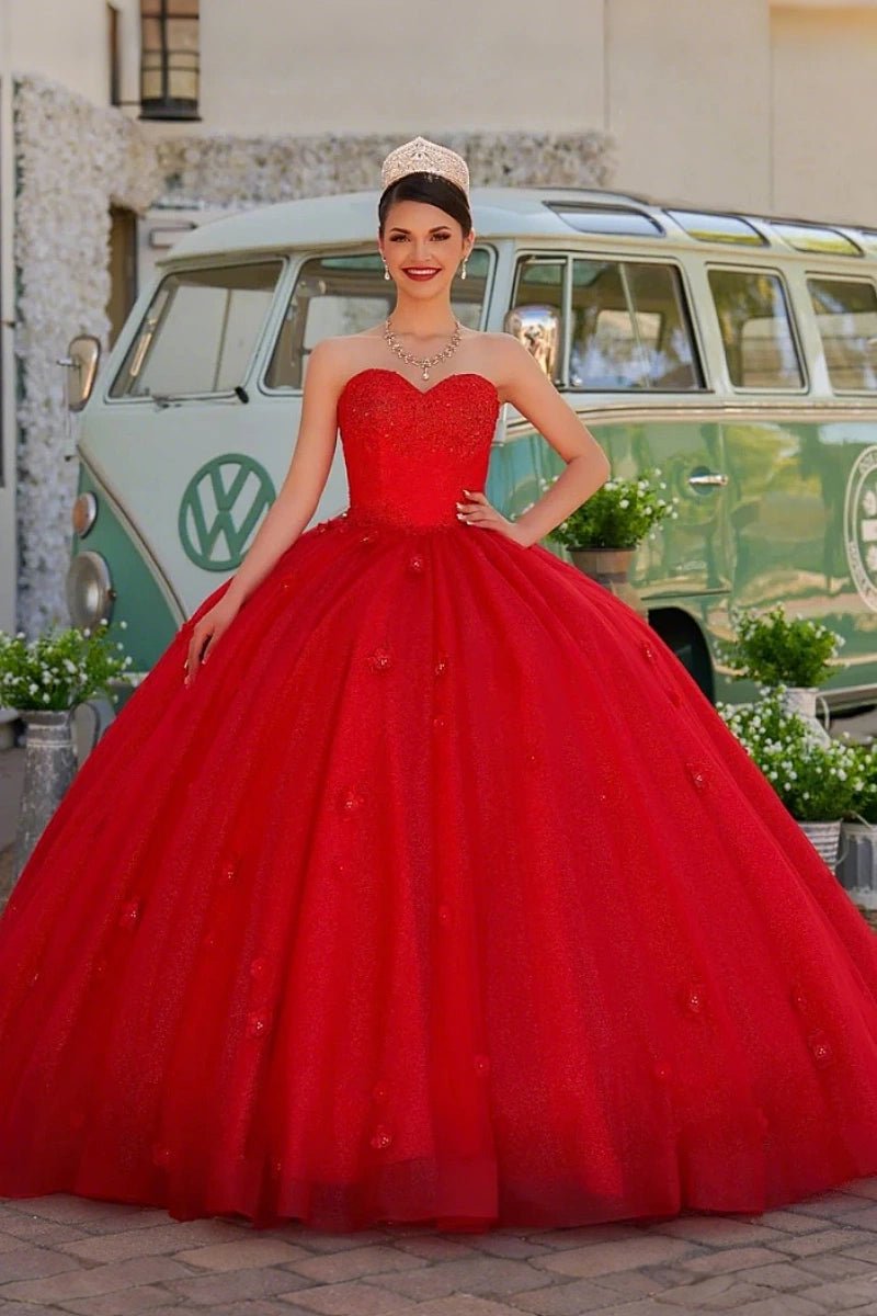 Dorothy | Gorgeous Glitter Red 3D Flower Quinceanera Dresses - Available in Fuchsia, Navy Blue, Royal Blue & Black! - Red - PromDressClub
