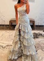 Dorothy | Red Lavender Mermaid One Shoulder Sequin Formal Dresses with Ruffles - Silver - PromDressClub
