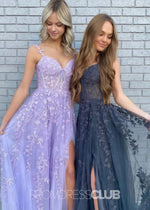 Eartha |Long Navy Blue Prom Dress Lace Tulle With A Line Sweetheart 3D Flower Slit - Purple - PromDressClub