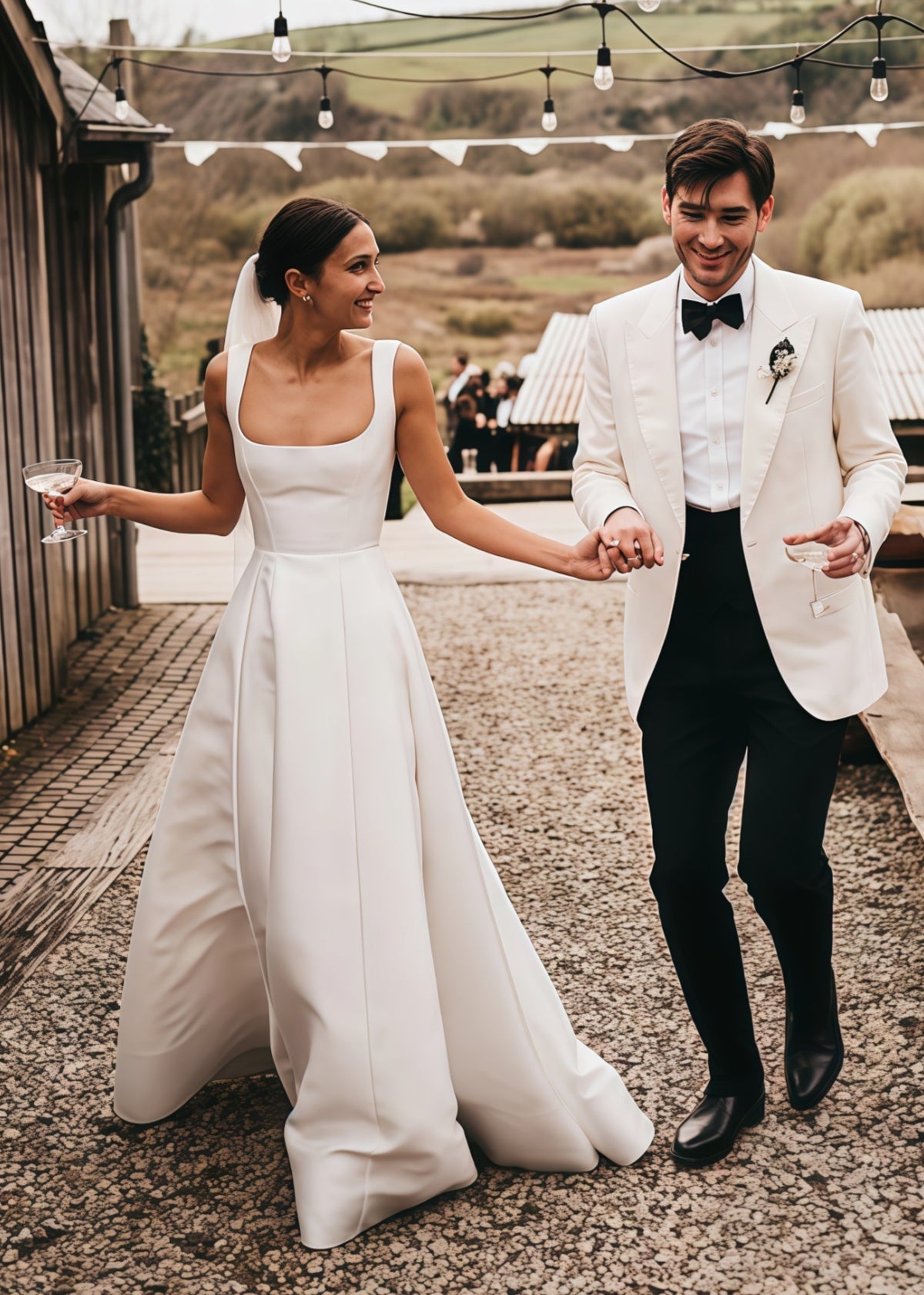 Eartha | Modern Backless Square Neck White Satin Long Wedding Dress with A - Line - Price #price_variant_lowest# - White - PromDressClub