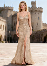 Ebullience Champagne Sequins Mermaid Prom Dress | Spaghetti Straps Sweetheart Neckline Floor Length Slit Dress - US0 - PromDressClub