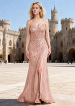 Ebullience Dusty Pink Sequins Mermaid Prom Dress | Spaghetti Straps Sweetheart Neckline Floor Length Slit Dress - US0 - PromDressClub