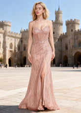 Ebullience Dusty Pink Sequins Mermaid Prom Dress | Spaghetti Straps Sweetheart Neckline Floor Length Slit Dress - US0 - PromDressClub