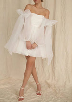 Edwina | Glamorous Puff Detachable Sleeves Straight White Tulle Mini/Short Wedding Dress with Bows - Price #price_variant_lowest# - White - PromDressClub