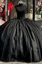 Elaine |Ball Gown Black Quince Dresses Sweetheart Off the Shoulder with Flowers Beaded - Black - PromDressClub