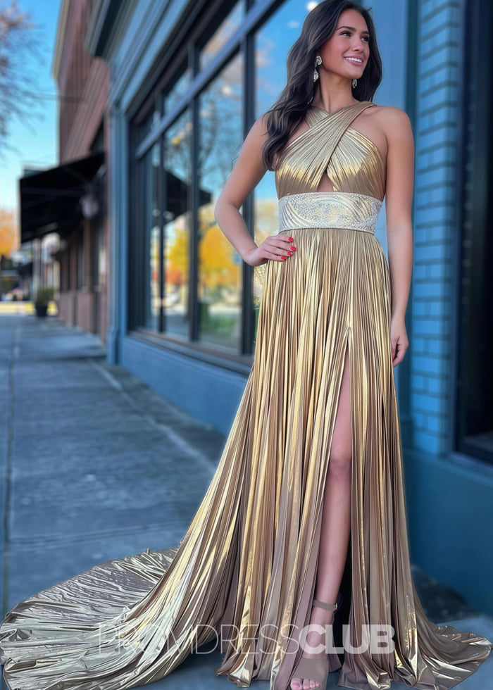 Elaine |Long Gold Prom Dress Metallis With Pleated Criss Cross Straps Slit - Gold - PromDressClub