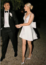 Elaine | Sexy V - Neck Backless White Satin Short/Mini Wedding Dress with Bows - Price #price_variant_lowest# - White - PromDressClub