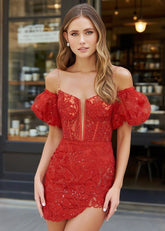 Elegant Nature Red Beaded Homecoming Dress with Sleeves Lace Allure - Red - PromDressClub