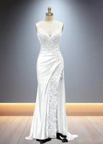 Eliy | Sheath Lace Appliques Satin Corser Black Formal Dress with Slit - White - PromDressClub