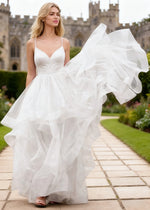 Ella White Glitter Tulle Ruffled Prom Dress | A - Line Spaghetti Strap V - Neck Wedding Guest Dress - White - PromDressClub