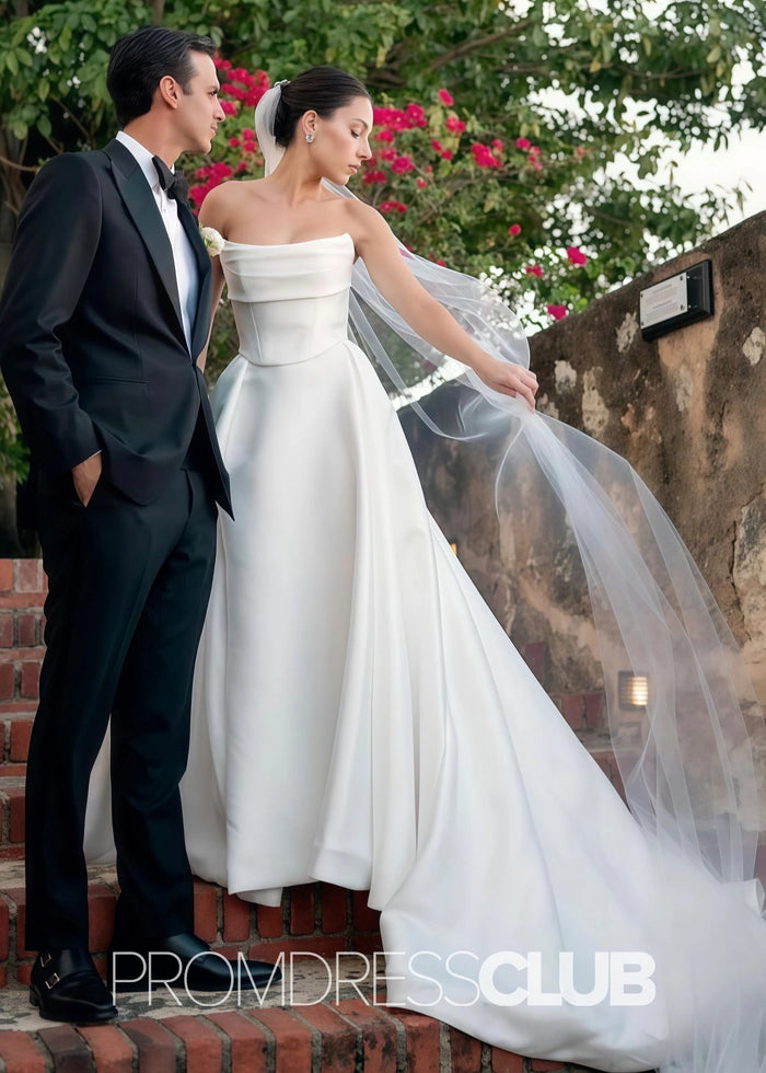 Elma |Mermaid White Simple Wedding Dresses Beach Strapless Satin - White - PromDressClub