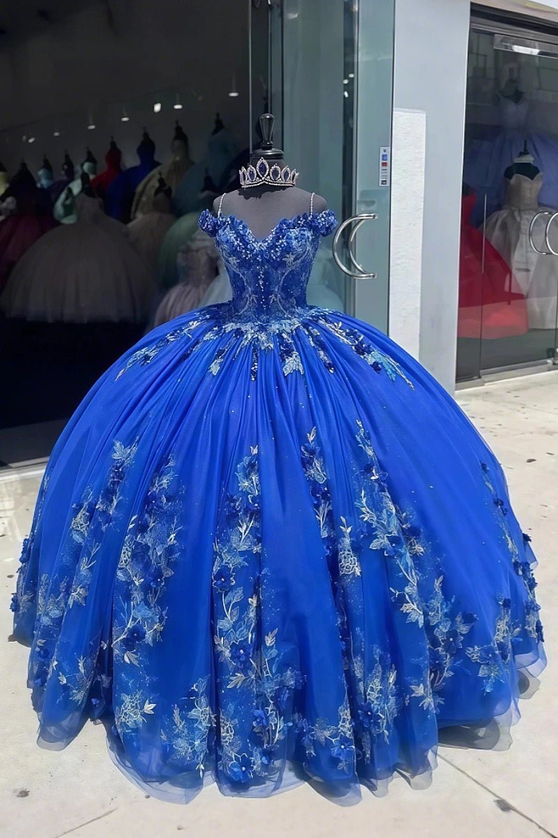 Elodie | Gorgeous Royal Blue Flower Corset Quinceanera Dresses Off the Shoulder - Royal Blue - PromDressClub