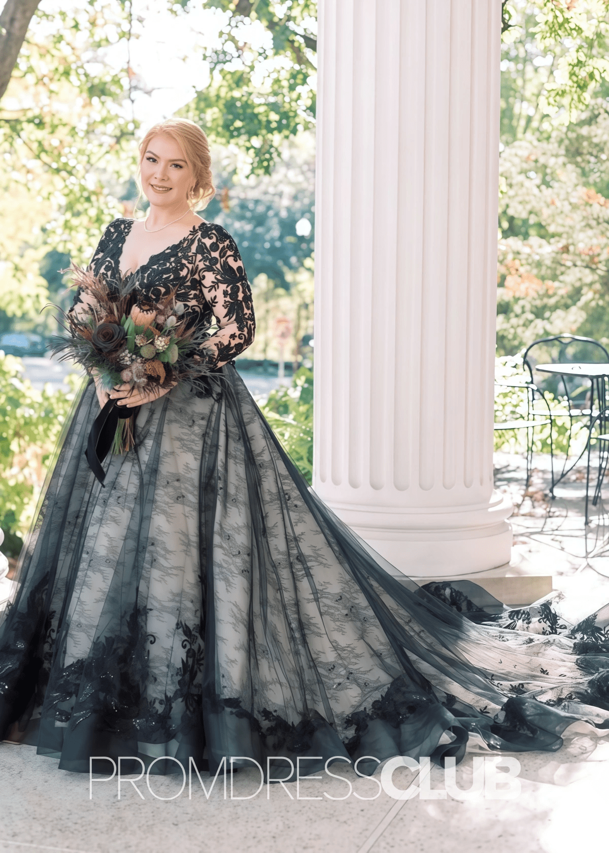 Elsa |Plus Size Black Wedding Dresses Long Sleeves Tulle A Line V Neck Gothic Bridal Gown | PromDressClub Elsa |Plus Size Black Wedding Dresses Long Sleeves Tulle A Line V Neck Gothic Bridal Gown | PromDressClub
