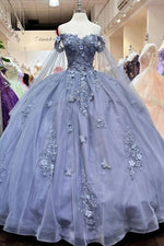 Estelle | Stunning Red/Emerald Green/Dusty Blue Lace Flower Off the Shoulder Quinceanera Dresses - Dusty Blue - PromDressClub