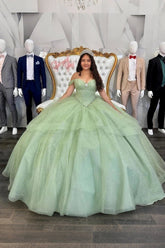 Estelle | Stunning Sage Green Ruffled Quinceanera Dress with Big Bows - Sage - PromDressClub