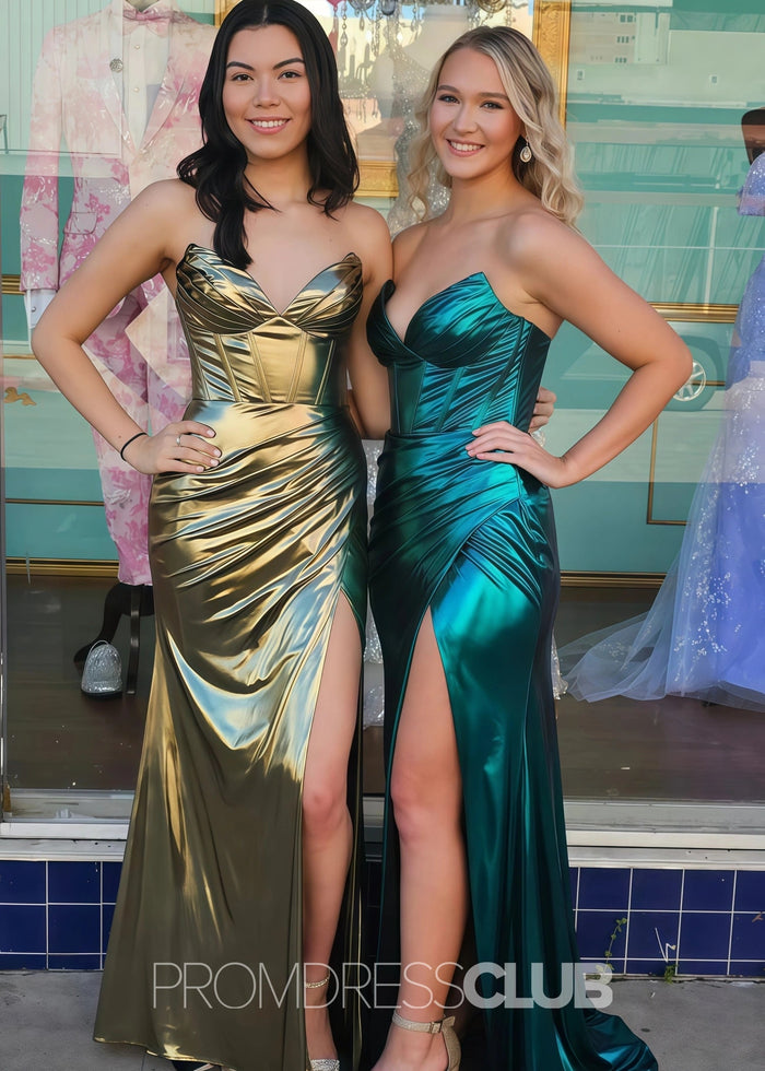 Eunice |Long Green Prom Dress Metallic With Mermaid Sweetheart Split - Gold - PromDressClub