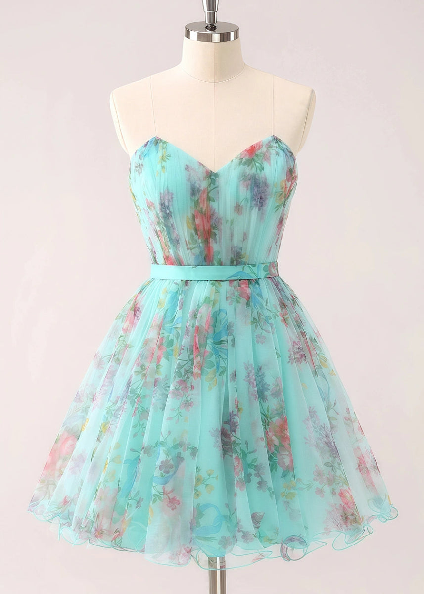 Eurielle | Shine in Spring: Strapless Floral Green Homecoming Dress Elegance - Light Green Floral - PromDressClub