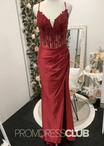 Fay |Mermaid Navy Blue Prom Dresses Long V Neck with Slit - Red - PromDressClub