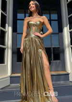Florence |Long Gold Prom Dress Metallic With A Line Sweetheart Pleated Split - Gold - PromDressClub