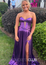 Florence |Long Gold Prom Dress Metallic With A Line Sweetheart Pleated Split - Purple - PromDressClub