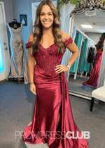 Freda | Long Emerald Green Prom Dresses Mermaid Off the Shoulder with Slit - Dark Red - PromDressClub