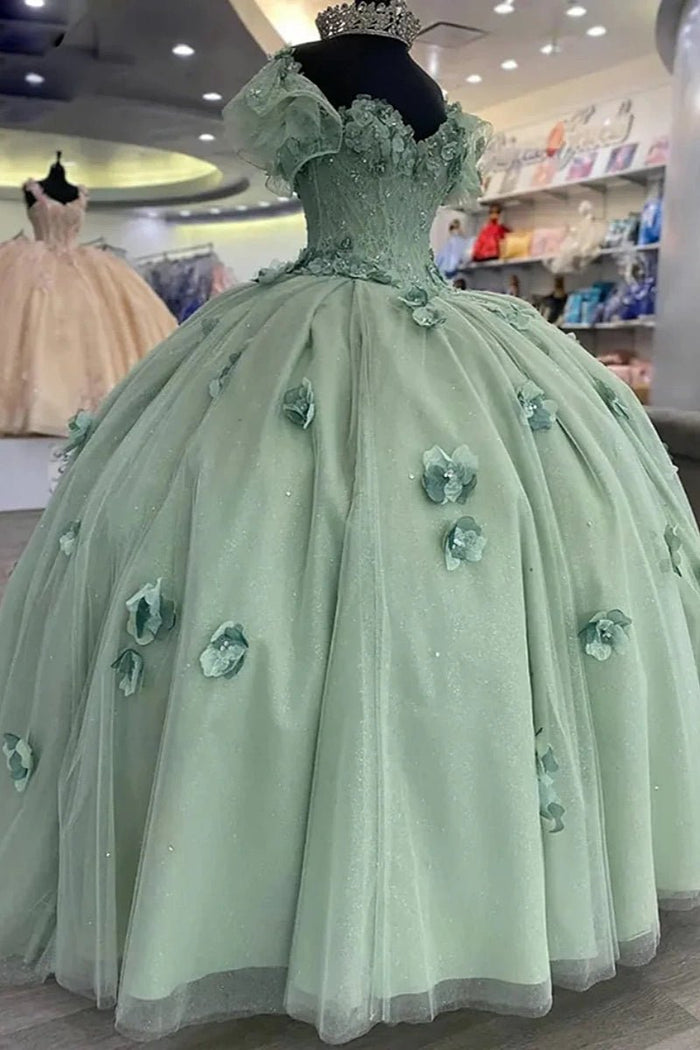 Gabriela | Stunning Sage Green Corset Quinceanera Flower Dresses for Sweet 16 Party - Sage - PromDressClub