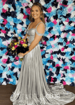 Gabrielle |Long Gold Prom Dress Metallic With A Line Off the Shoulder Pleated Split - Silver - PromDressClub