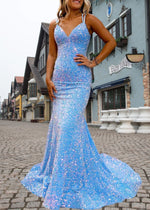 Gabrielle | Dark Blue Sequin Mermaid V Neck Open Back Prom Dress Split - Blue - PromDressClub