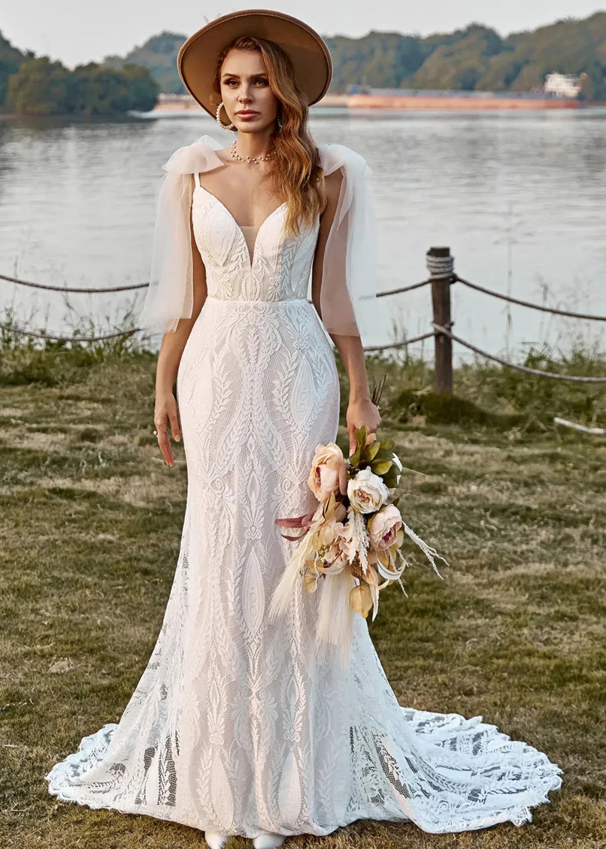 Geraldine | Boho Mermaid V Neck Backless Lace Long White Wedding Dress Train with Bow - Price #price_variant_lowest# - White - PromDressClub