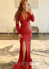 Gloria |Long Red Prom Dresses Near Me With Mermaid Deep V Neck Front Split Formal Dresses - Price #price_variant_lowest# - Red - PromDressClub