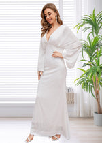 Gloria | White Sheath V Neck Long Sleeve Corset Wedding Reception Dress with Backless - White - PromDressClub