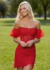 Grand Beauty Lace Orange Homecoming Dress Puff Sleeve for a Memorable Night - Red - PromDressClub