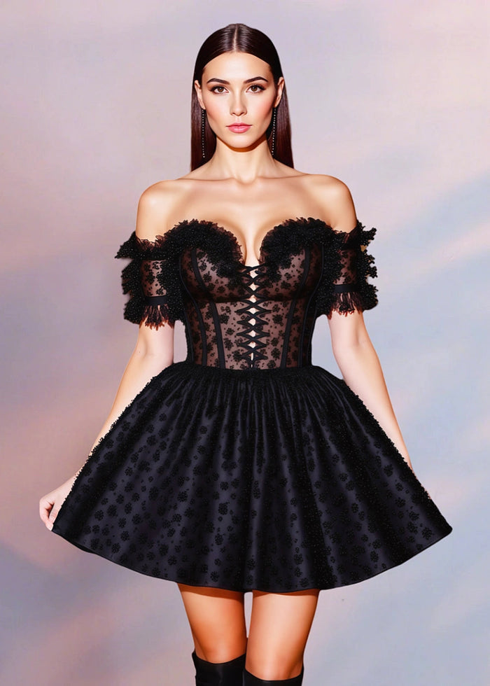 Guilhemine | Stunning Black Homecoming Dress: Off the Shoulder Charm - Black - PromDressClub