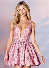 Gunborg | Sparkle in Pink Homecoming Dress: Floral Satin Dress with Elegant Bow - Pink Floral - PromDressClub