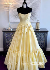 Hazel | A Line Bow Knots Long Prom Dress Light Blue - Price #price_variant_lowest# - Yellow - PromDressClub