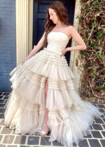 Hazel | Burgundy Red A Line Strapless Corser Tulle Ruffle Prom Dress with Slit - Champagne - PromDressClub