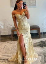 Hazel |Long Black Prom Dresses Near Me With Sequins Mermaid Off the Shoulder Split - Price #price_variant_lowest# - Gold - PromDressClub