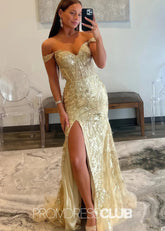 Hazel |Long Black Prom Dresses Near Me With Sequins Mermaid Off the Shoulder Split - Price #price_variant_lowest# - Gold - PromDressClub